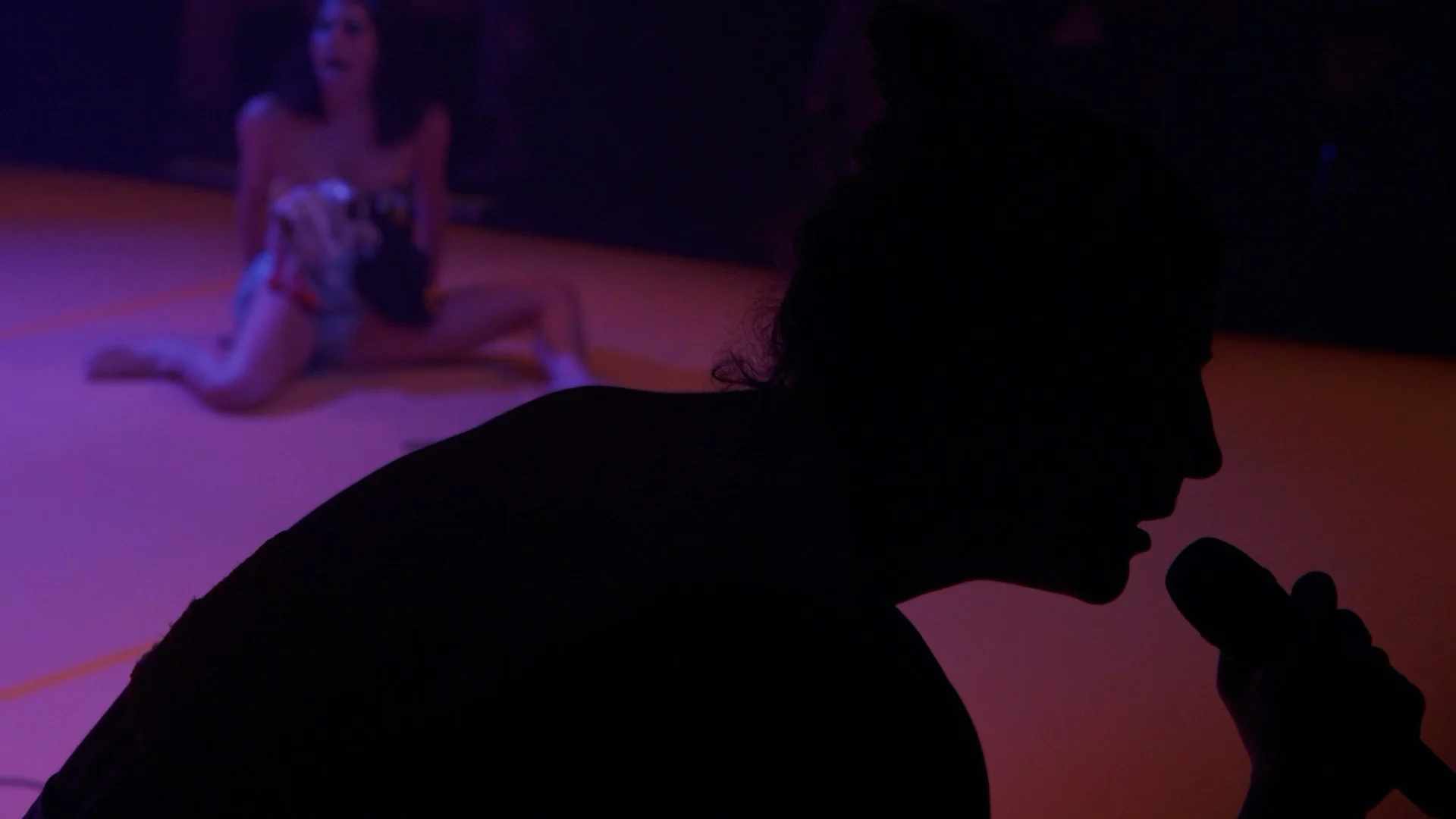 Silhouetted figure against purple and orange stage lighting during a theatre performance